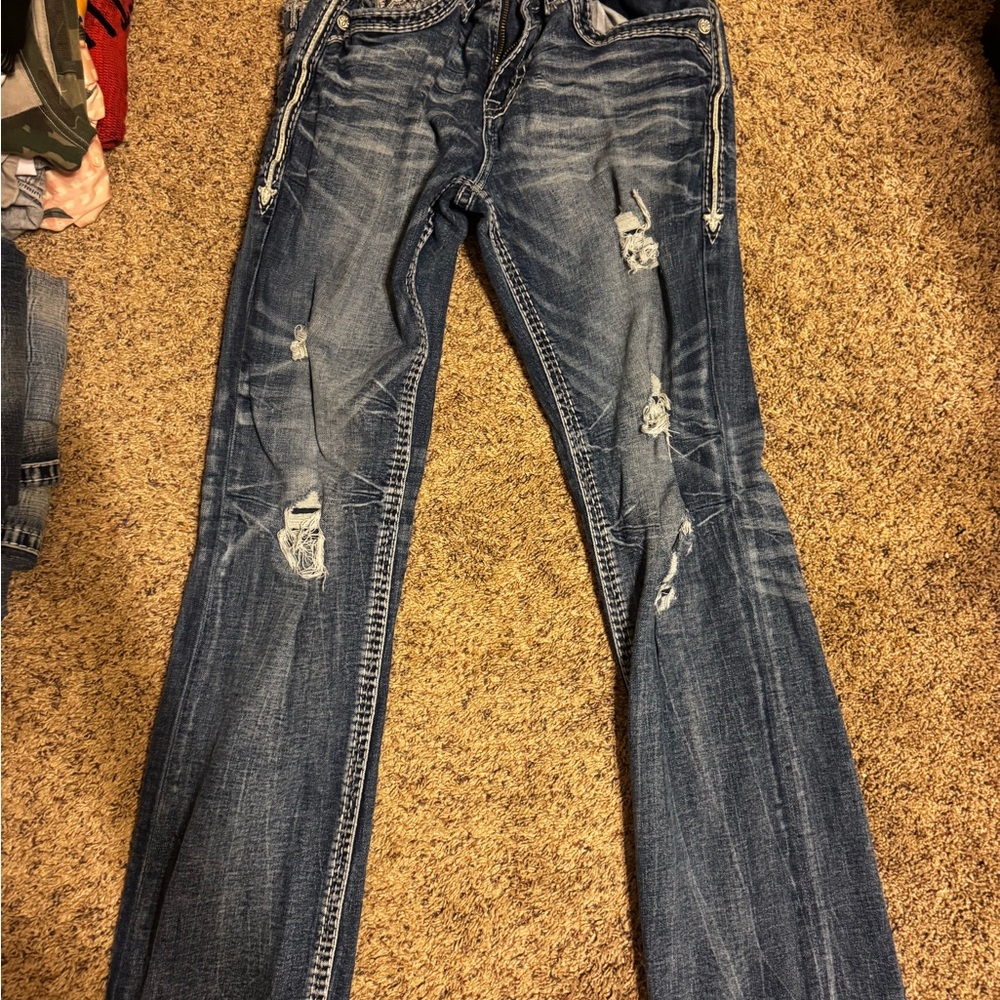 Two Rock Revival Blue Distressed Bootcut Jeans